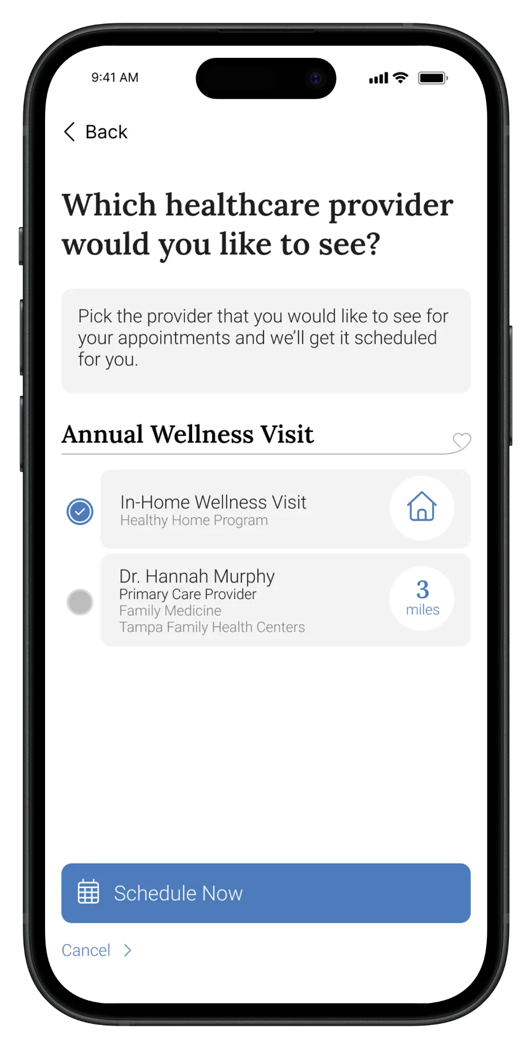 Provider selection screen with distance and a Schedule Now action