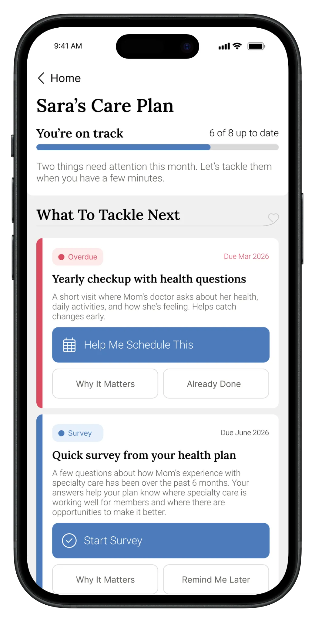 Avanlee app care plan screen showing an overdue annual wellness visit with a Help Me Schedule This action