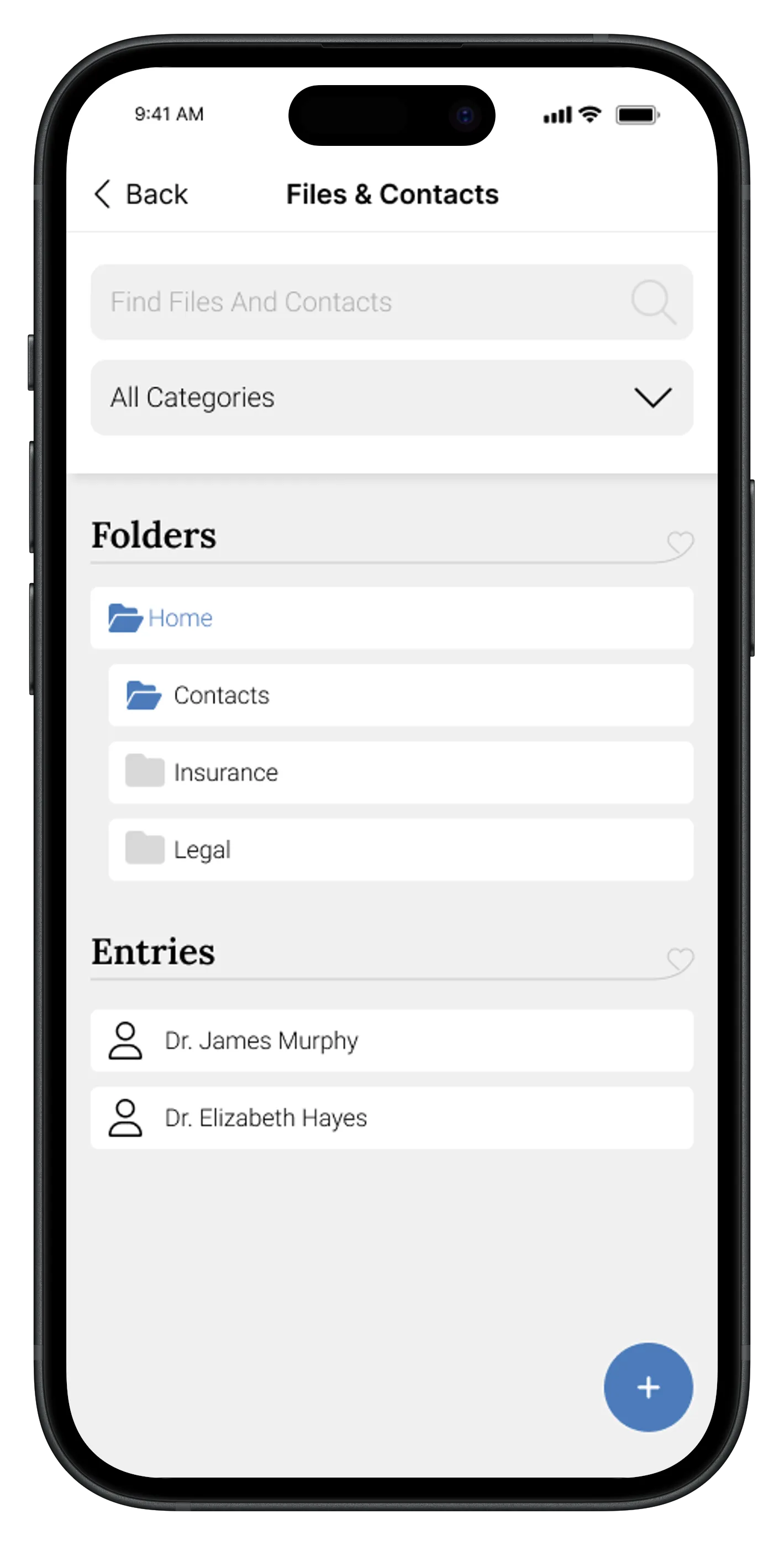 Files and contacts screen showing stored documents and provider phone numbers