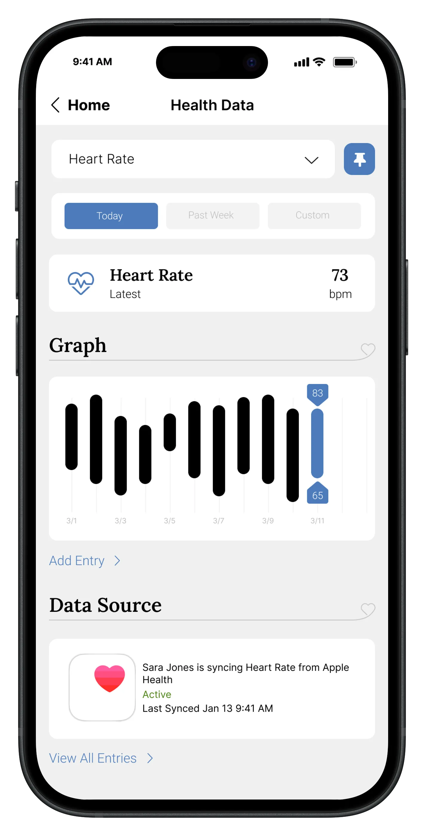 Health monitoring screen showing a heart rate trend over time