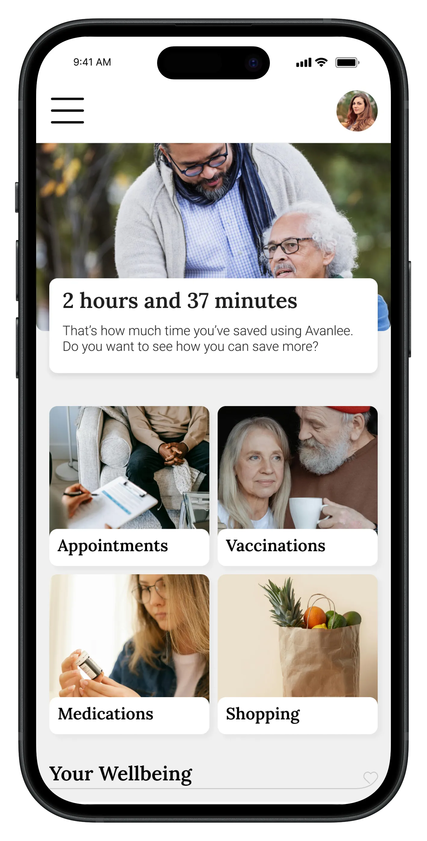 Avanlee app home screen showing hours saved and quick access to appointments, vaccinations, medications and shopping