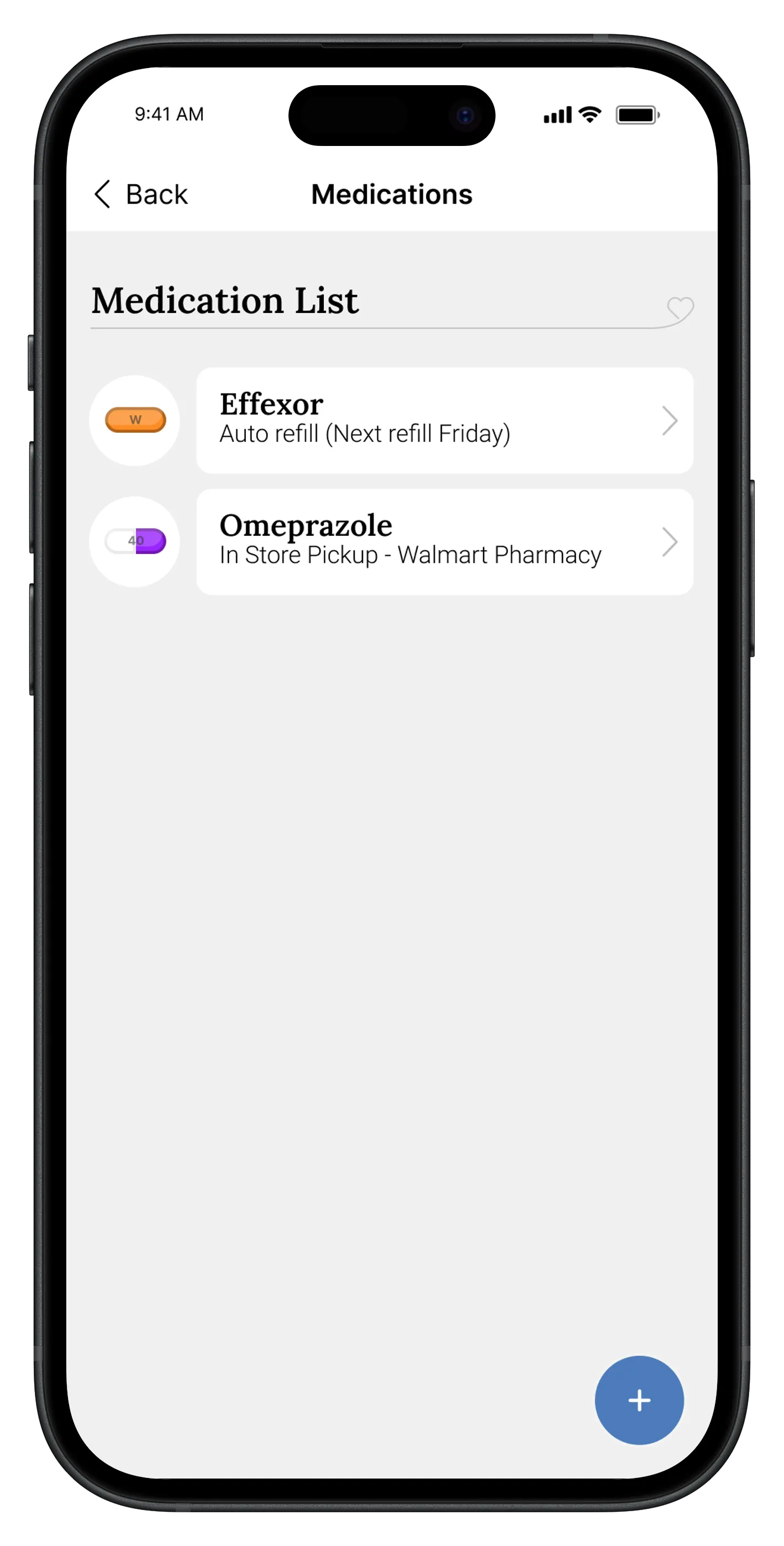 Medication list showing refill status and pharmacy pickup