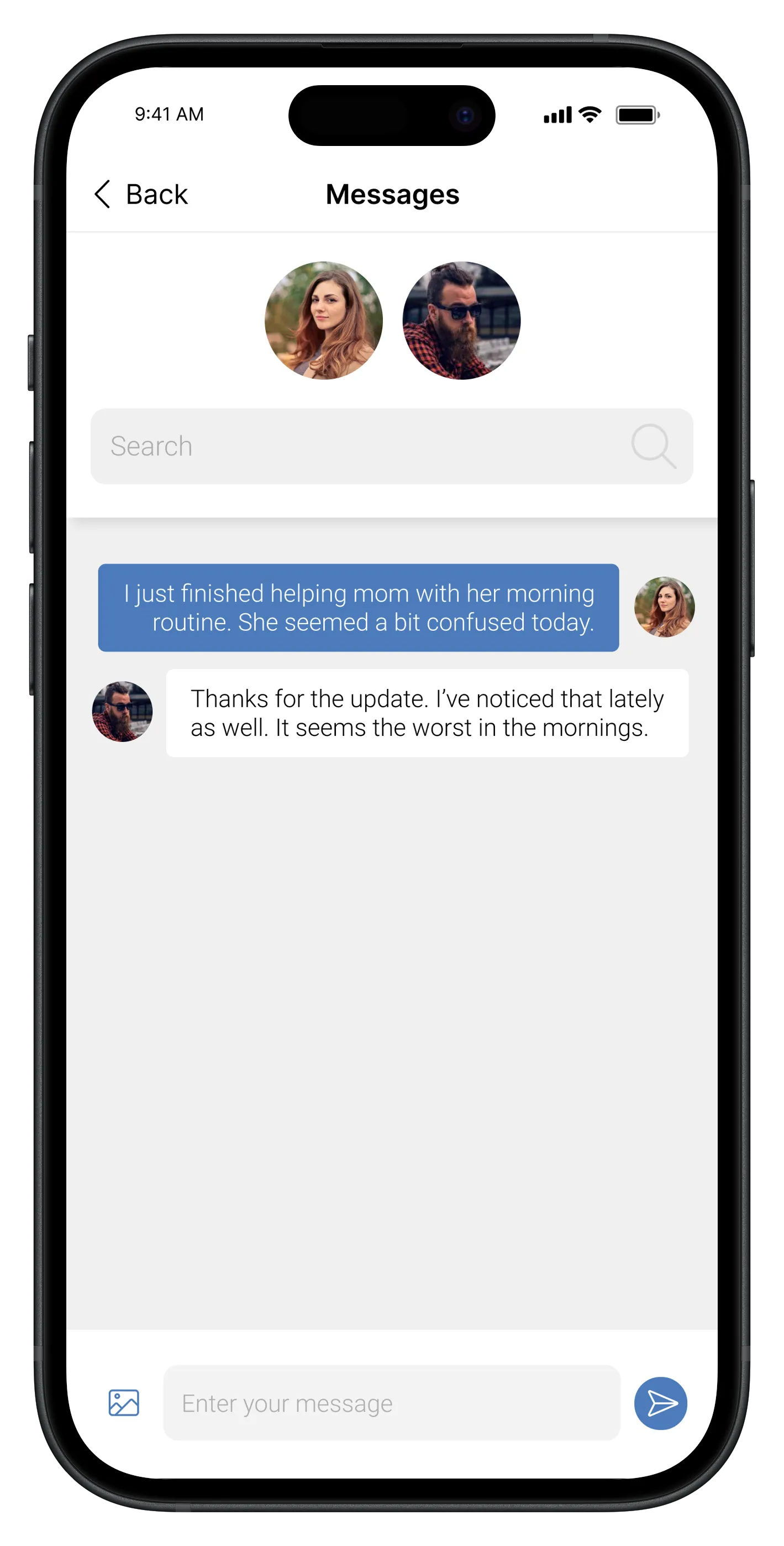 Messages screen showing a conversation between family members about a care routine
