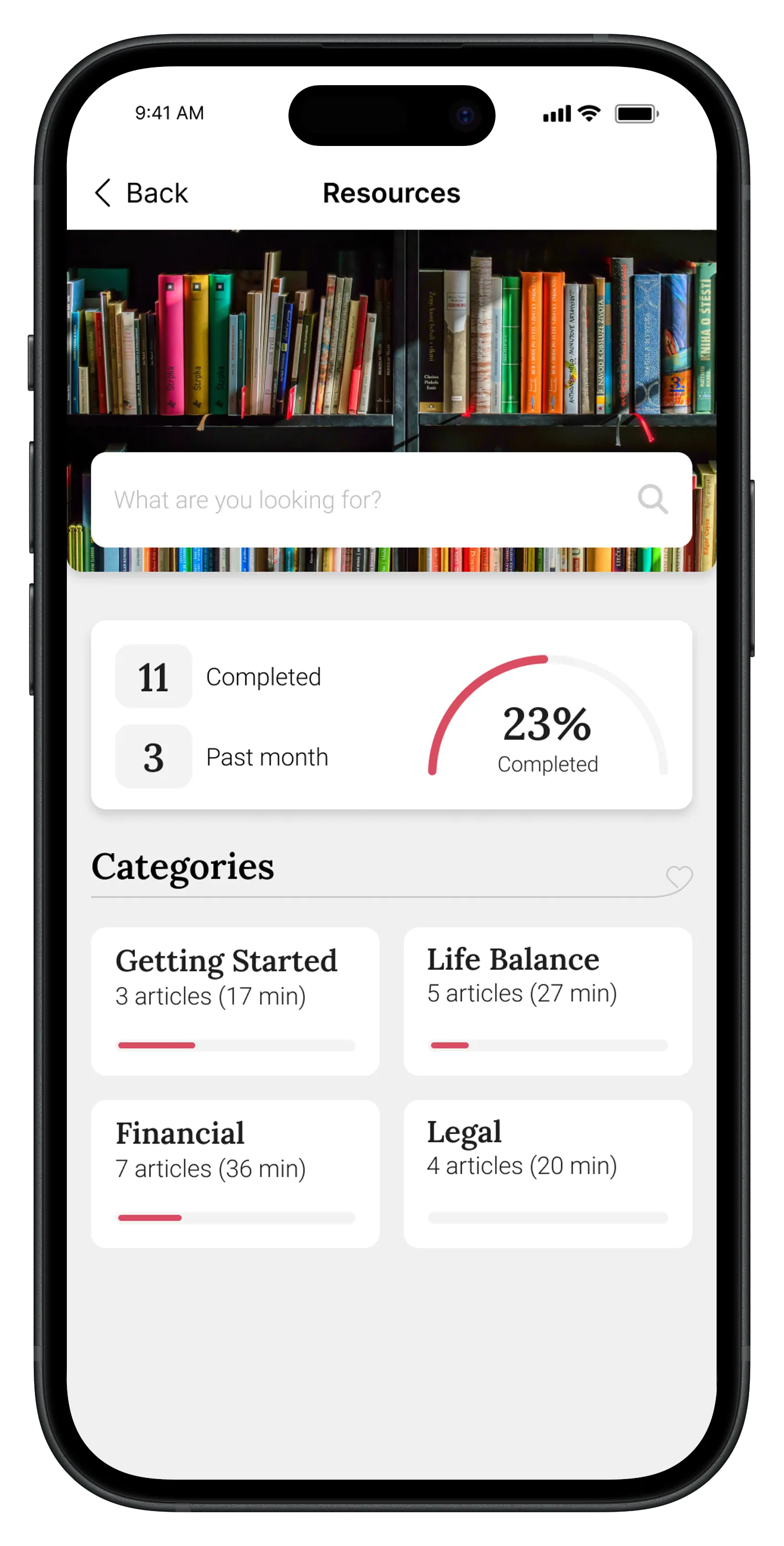Resources screen showing plain-language caregiving guides organized by topic