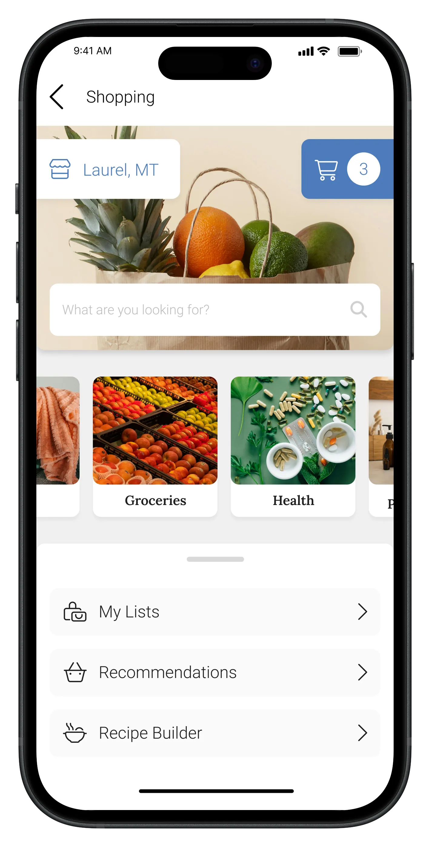 Shopping screen showing a grocery order ready for delivery or pickup