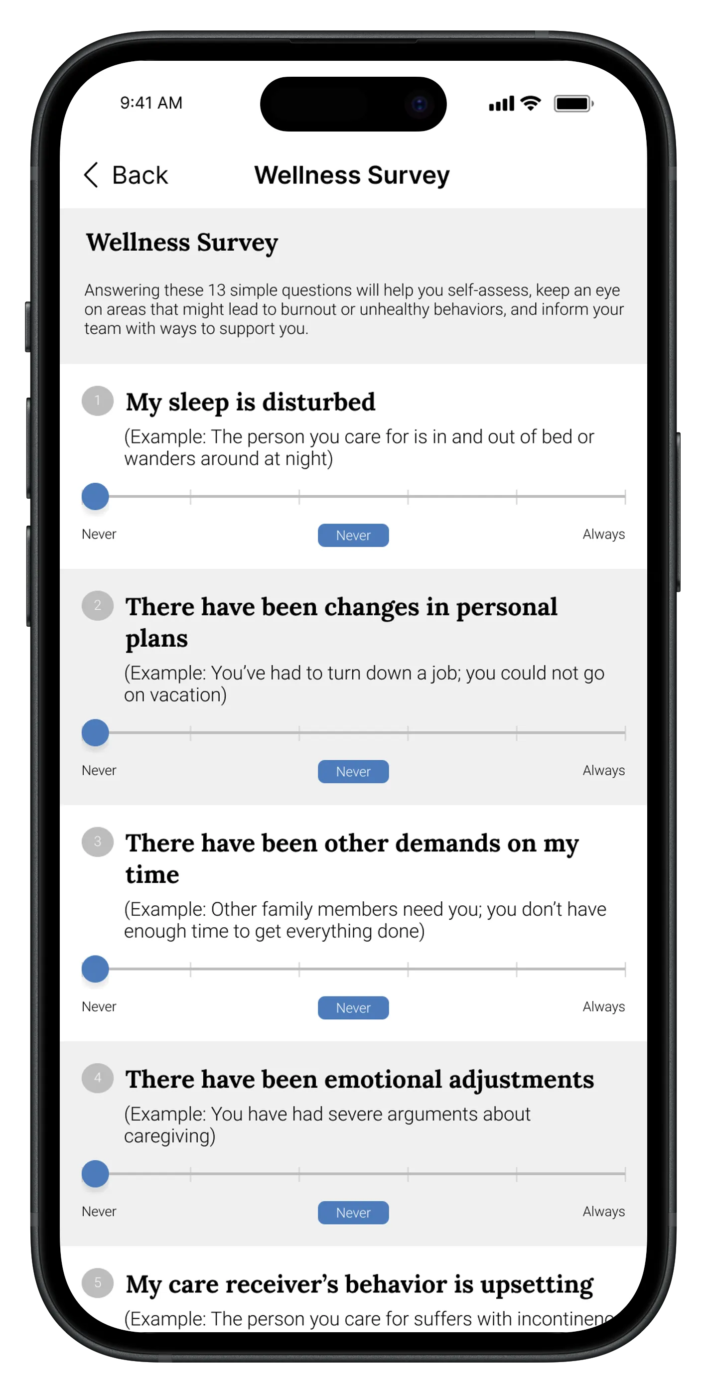 Survey screen showing a short questionnaire for the caregiver