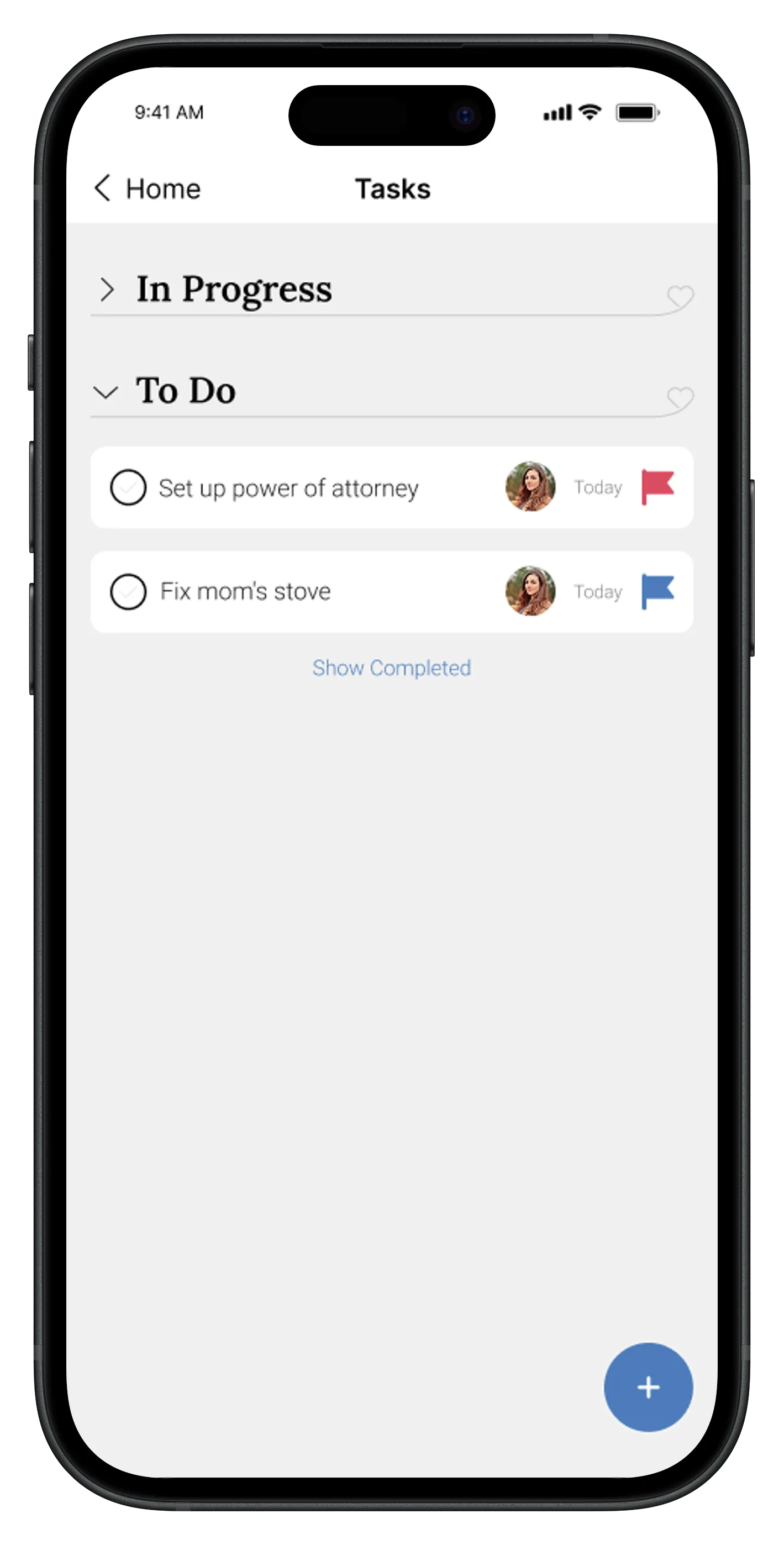 Task list showing items assigned across a family care hub